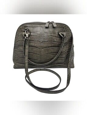 Vintage Furla Crocodile Embossed Green Leather Dome Satchel